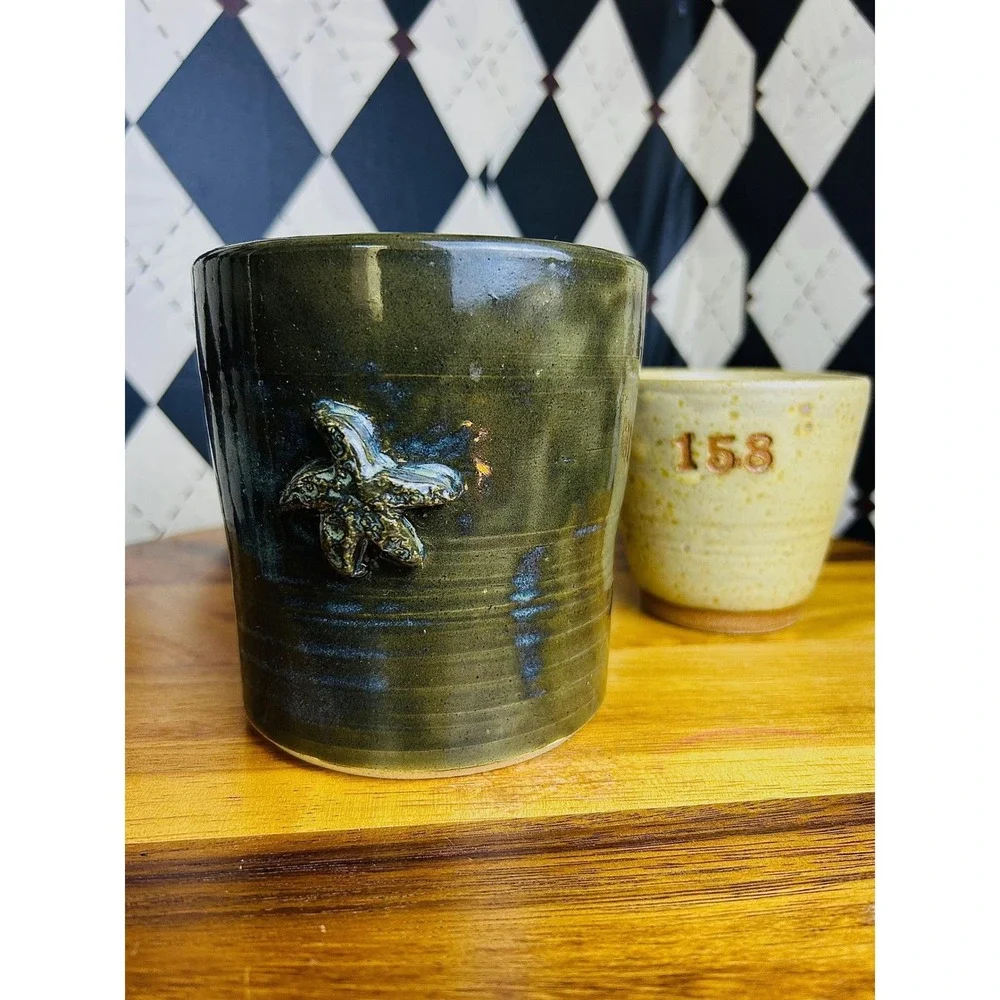 Signed Coastal Studio Pottery Green‎ Blue Glazed Vase Starfish Planter Ceramic
